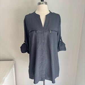 Calvin Klein Slate Blue Collarless Button Down Zipper Pocket Epaulet Blouse, L